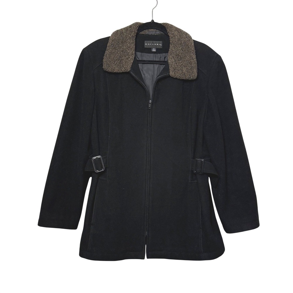 Gallery Black Wool Blend Berber Collar Zip Up Peacoat Jacket XL